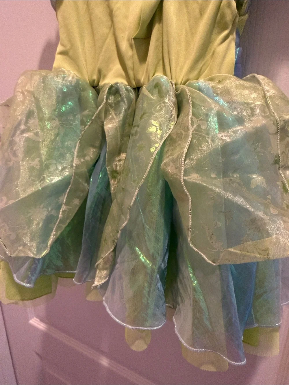 Disney tinker Bell Green Fairy Princess Costume Dress with Blue Flower built in
